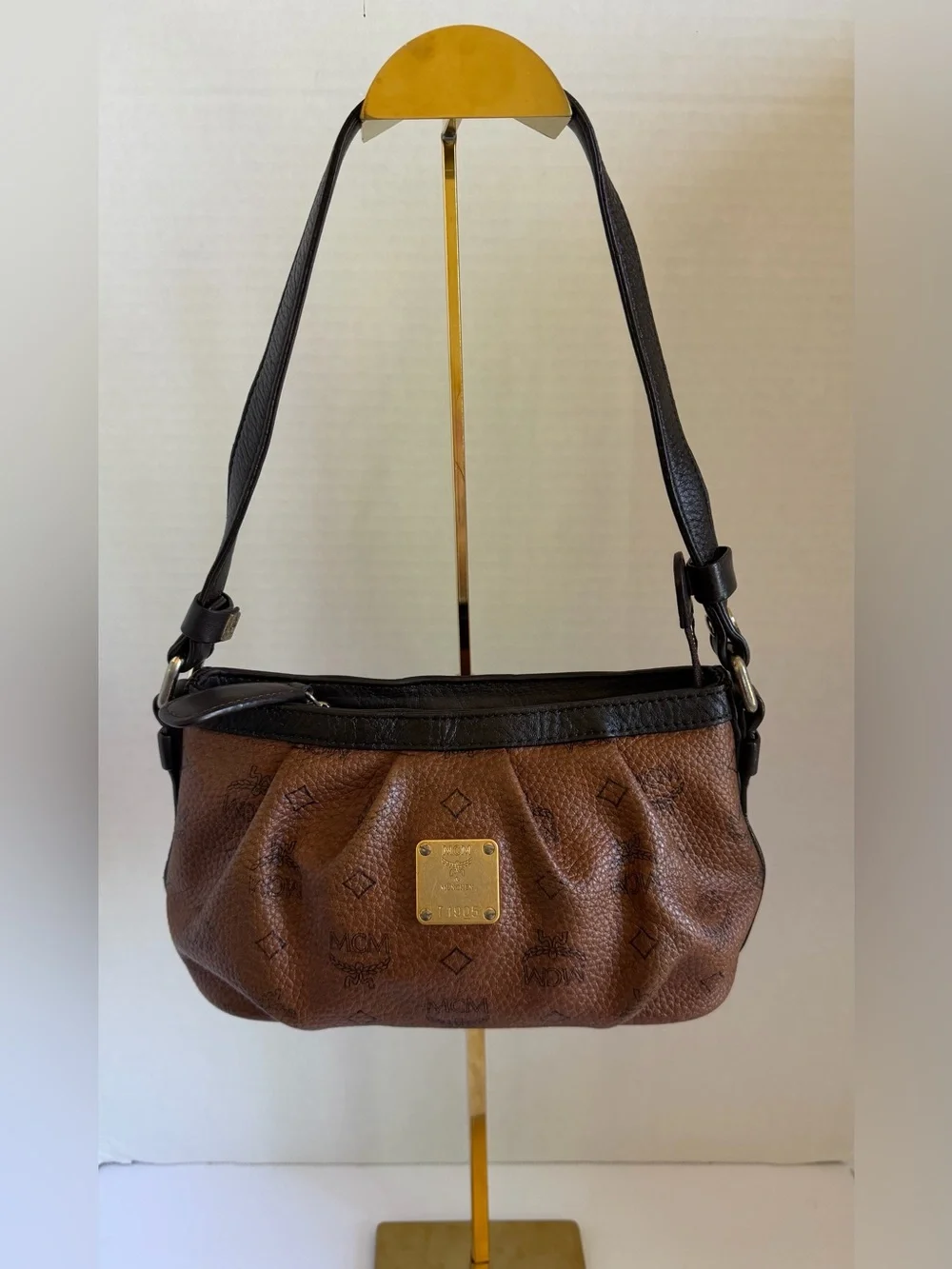 MCM Cognac Logo-Print Leather Shoulder Bag with Gold Plaque
